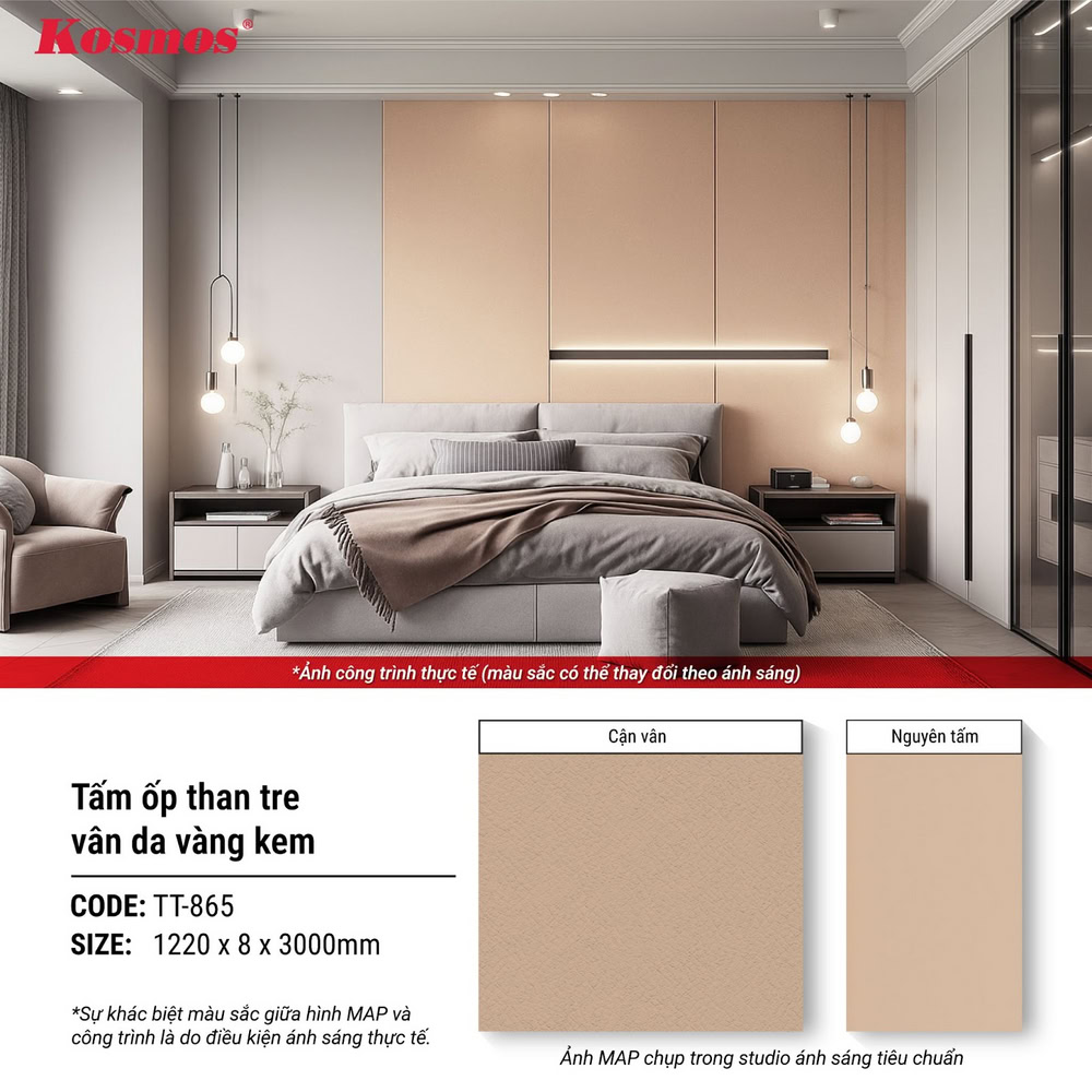 Hình ứng dụng tấm ốp than tre vân da Kosmos màu vàng kem TT-865