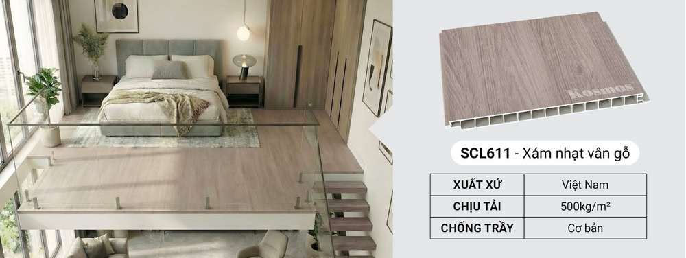 SCL611 là tấm nhựa lót sàn gác lửng Galawood vân gỗ xám nhạt, chịu tải 500kg/m²