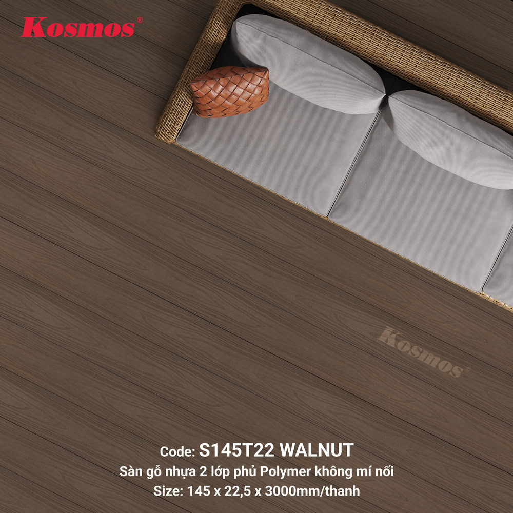 Sàn gỗ nhựa 2 da (gỗ nhựa 2 lớp phủ Polymer) mã S145T22 màu Walnut