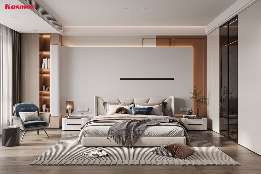 Tường đầu giường ốp than tre vân đá trắng uốn cong