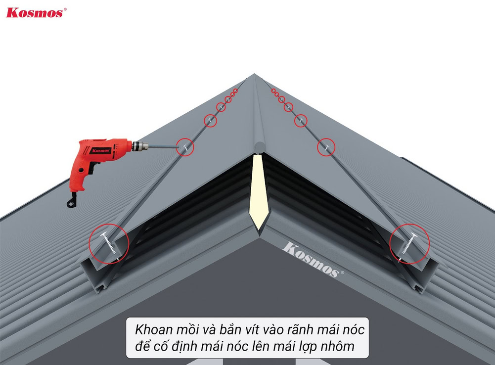 Cố định nóc mái lên tấm mái lợp bằng vít inox