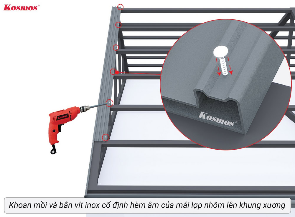 Cố định tấm mái lợp lên khung xương ngay tại hèm âm bằng vít inox