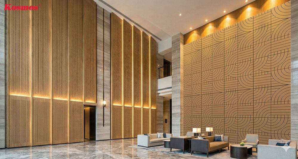 Công trình sử dụng tấm gỗ tiêu âm kết hợp tấm ốp than tre điêu khắc Công trình sử dụng tấm gỗ tiêu âm kết hợp tấm ốp than tre điêu khắc