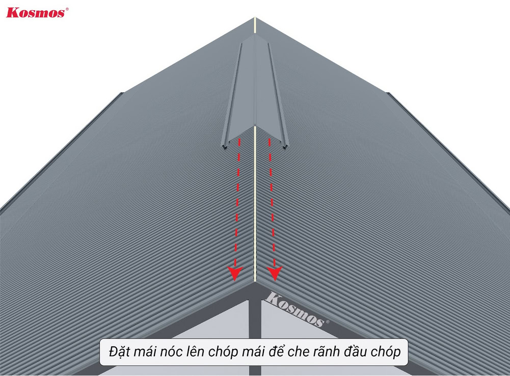 Đặt mái nóc lên chóp mái và điều chỉnh góc nóc cho phù hợp với mái