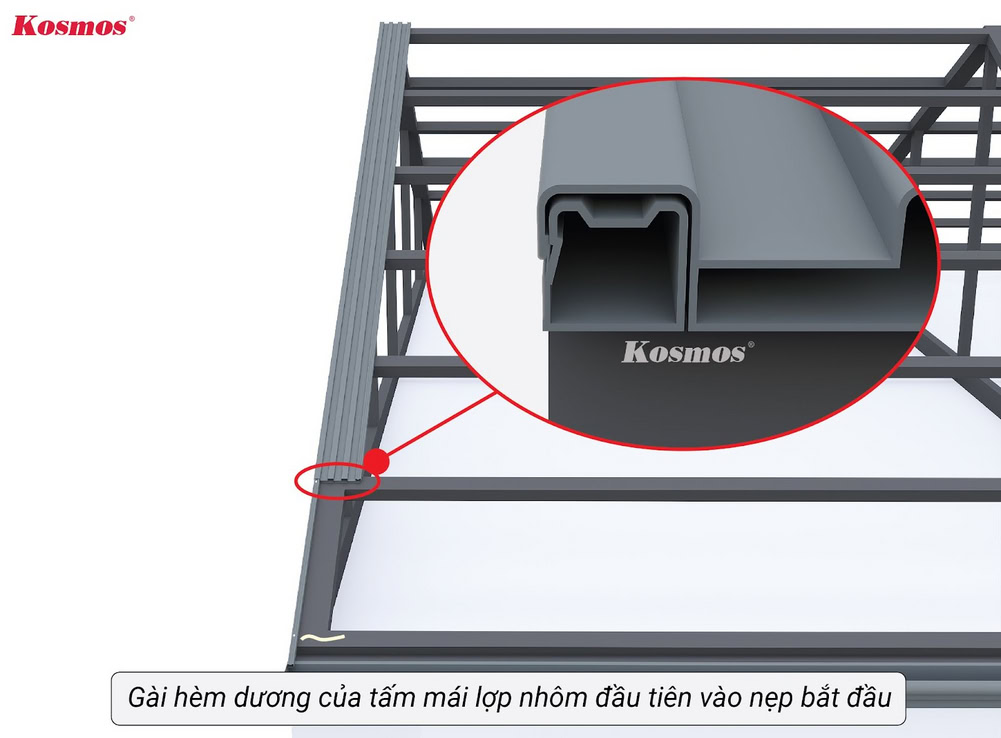 Gài hèm dương của tấm mái lợp đầu tiên vào nẹp bắt đầu
