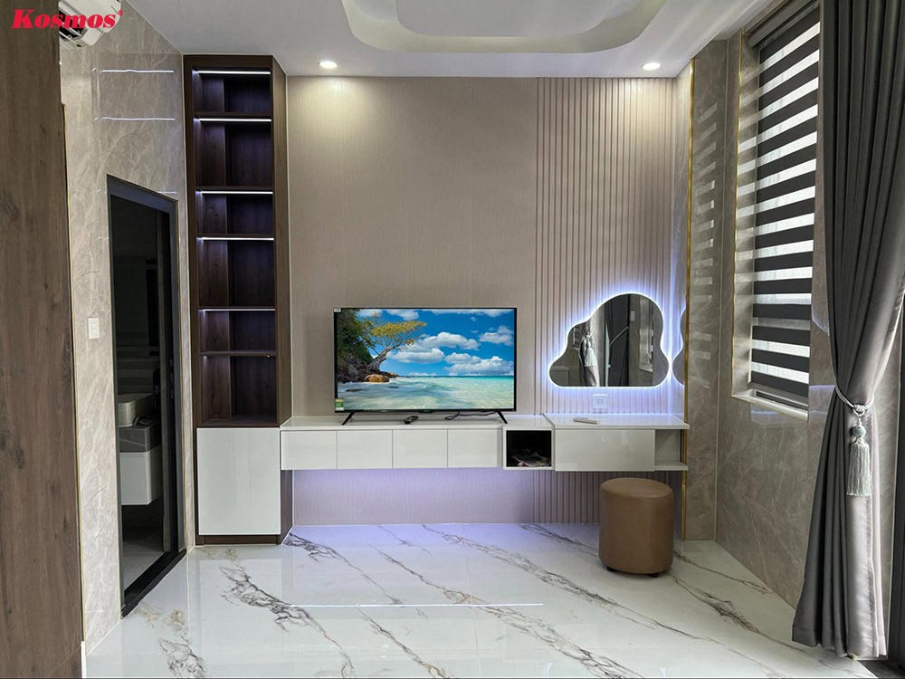 Kết hợp Nano, Lam sóng và PVC vân đá trang trí tường phòng ngủ