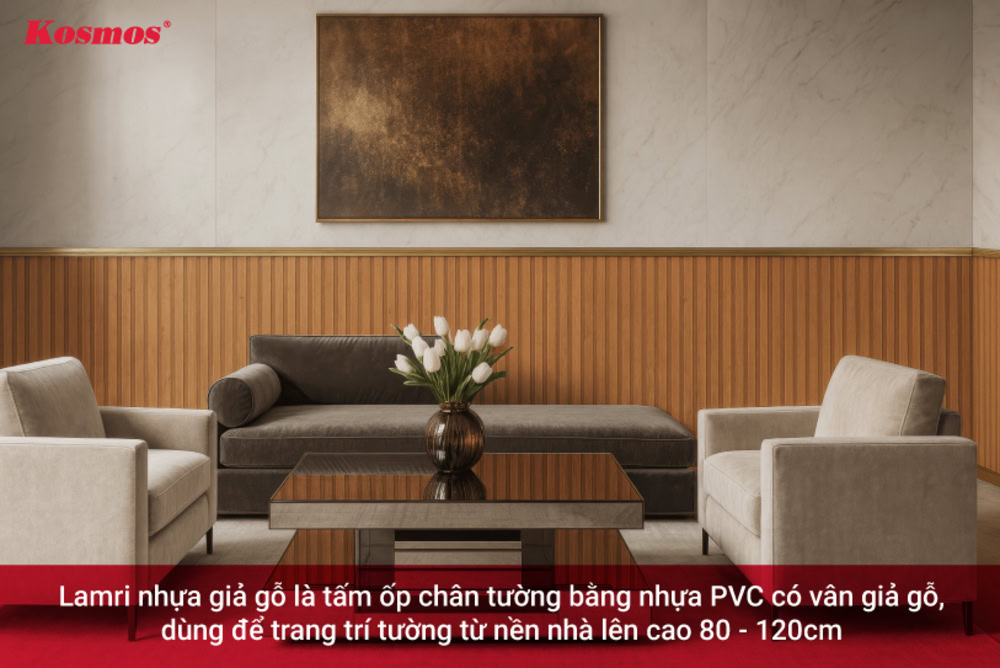 Lamri nhựa giả gỗ là tấm ốp chân tường bằng nhựa PVC có vân giả gỗ, dùng để trang trí tường từ nền nhà lên cao 80 - 120cm
