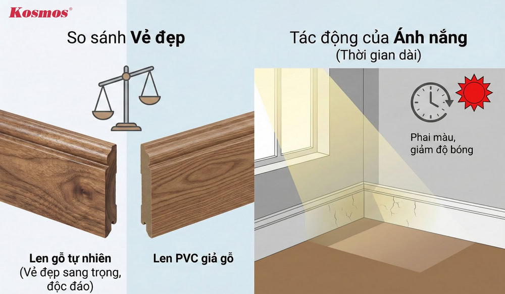 Len chân tường PVC thẩm mỹ không bằng len chân tường gỗ tự nhiên và tiếp xúc dài với ánh nắng bị phai màu và giảm độ bóng Len chân tường PVC thẩm mỹ không bằng len chân tường gỗ tự nhiên và tiếp xúc dài với ánh nắng bị phai màu và giảm độ bóng