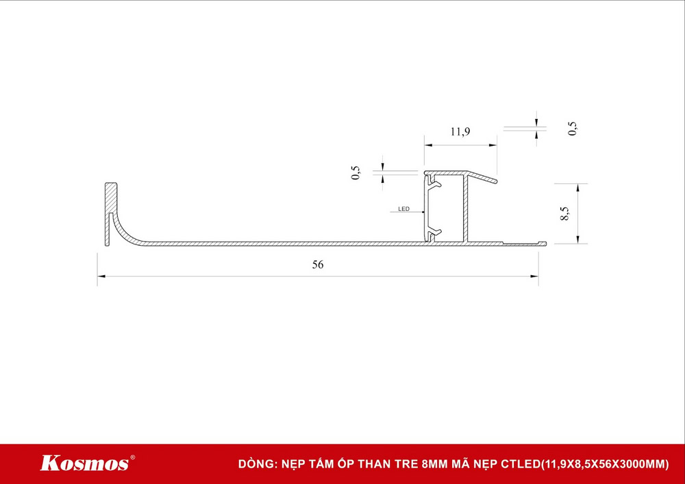 Mặt cắt nẹp chân tường led CTLED