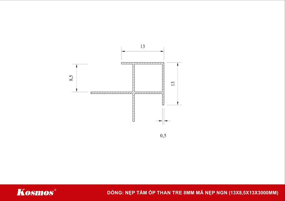 Mặt cắt nẹp góc ngoài tấm ốp than tre 8mm mã NGN