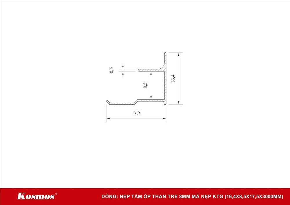 Sección transversal de la tira de moldura de esquina interior para panel de revestimiento de carbón de bambú de 8 mm, código KTG