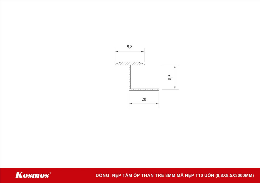 Mặt cắt nẹp nhôm T10 UỐN của tấm ốp than tre 8mm