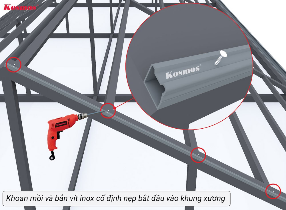 Mỗi mét dài sẽ có 3 vít inox bắn cố định thanh nẹp bắt đầu vào khung xương