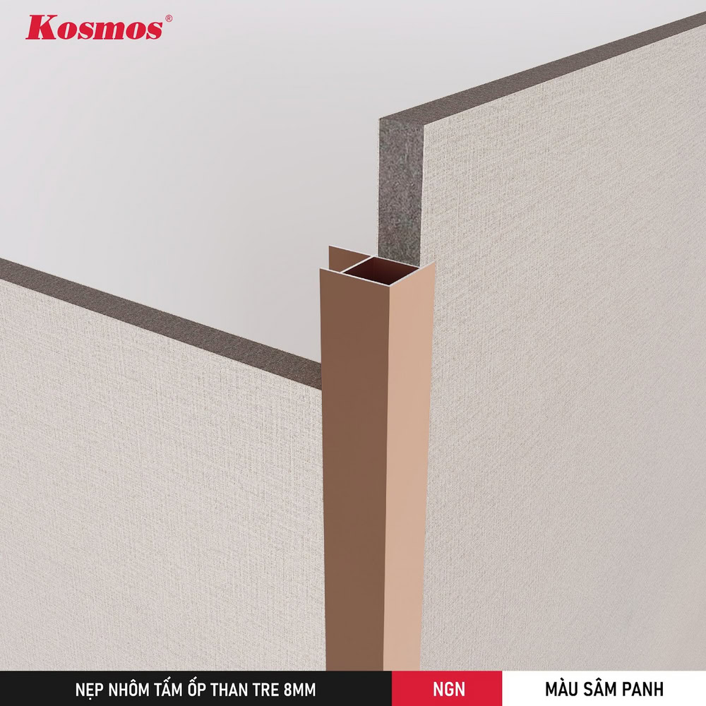 NGN-SP là nẹp nhôm màu sâm panh ốp góc ngoài tấm ốp than tre 8mm