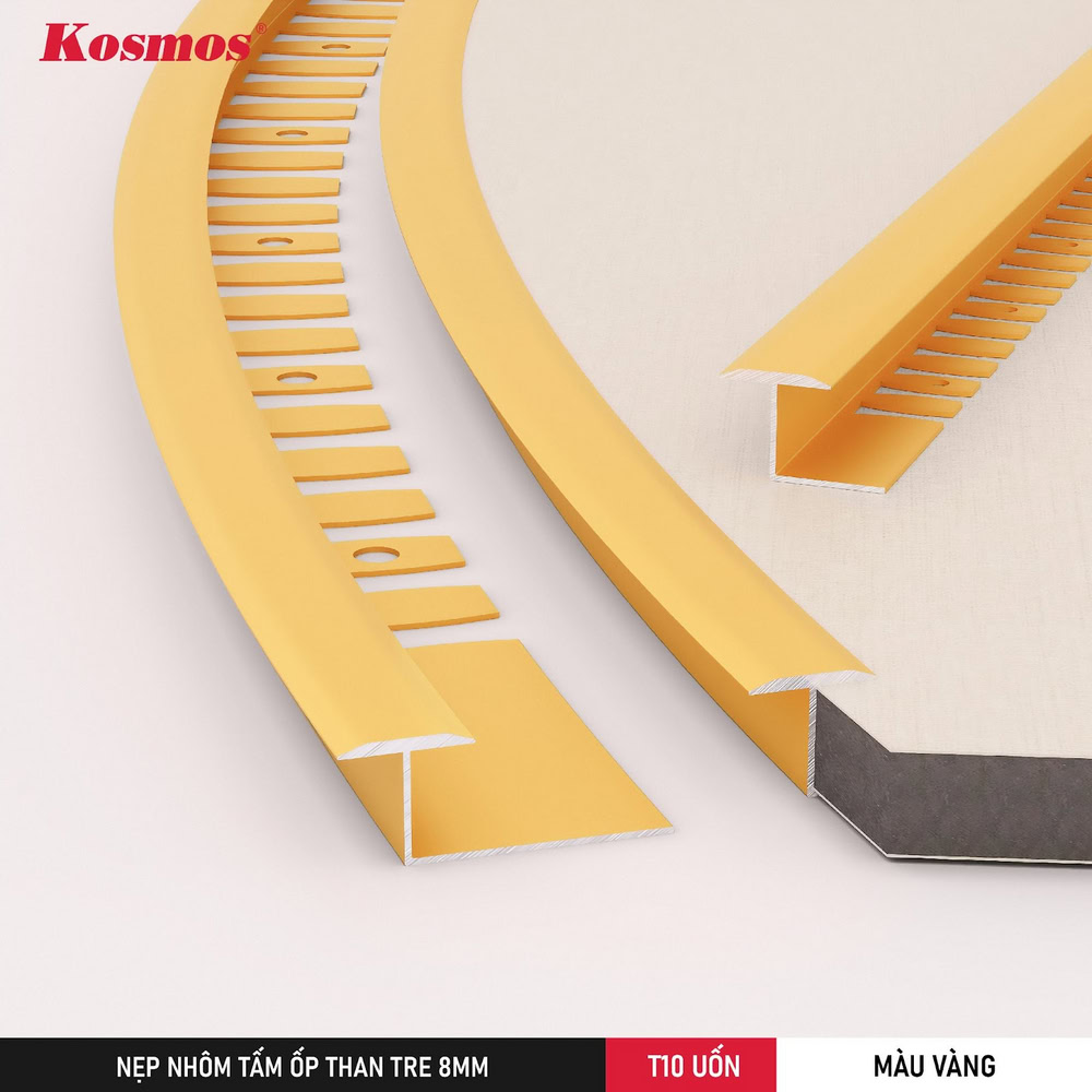 T10 UỐN-V là nẹp nối màu vàng dành cho khu vực tấm ốp than tre 8mm uốn cong