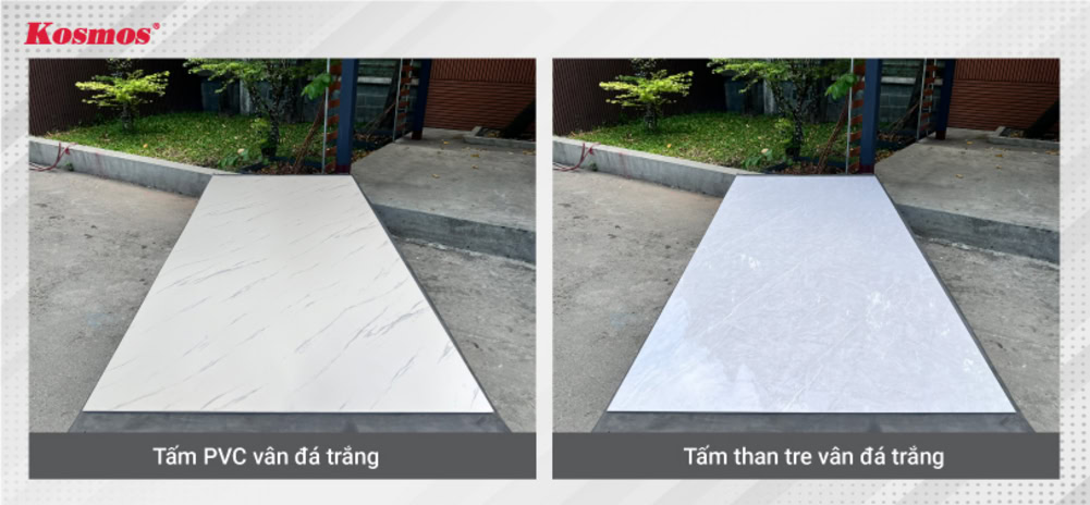 Tấm PVC vân đá trắng và tấm than tre vân đá trắng