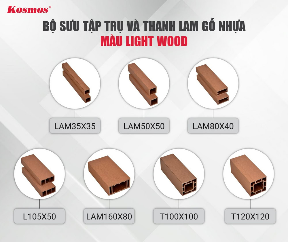 Bộ đồng màu trụ và thanh lam gỗ nhựa ngoài trời màu Light Wood Bộ đồng màu trụ và thanh lam gỗ nhựa ngoài trời màu Light Wood