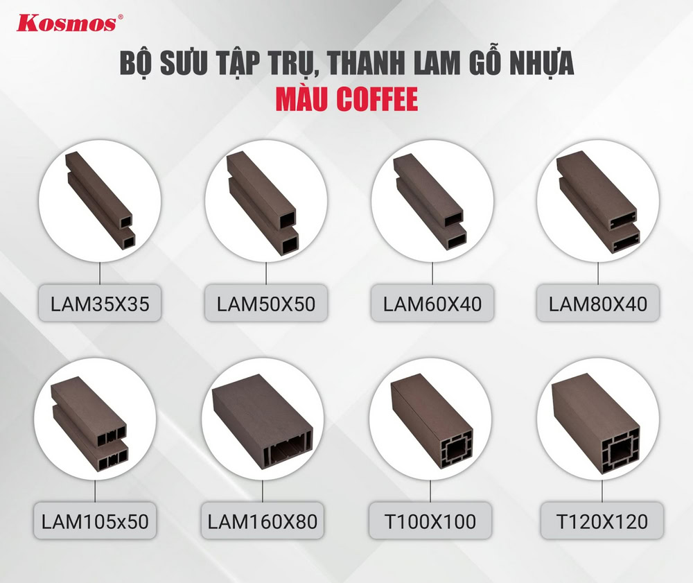 Bộ sưu tập trụ, thanh lam gỗ nhựa ngoài trời màu Coffee