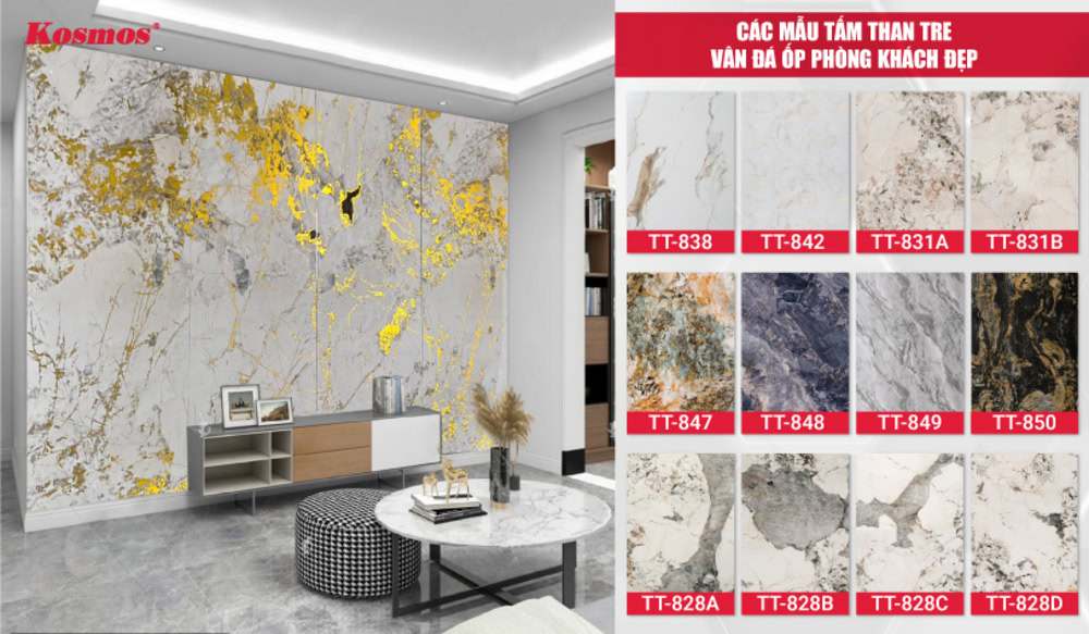 Các mẫu tấm than tre giả vân đá ốp phòng khách đẹp Các mẫu tấm than tre giả vân đá ốp phòng khách đẹp