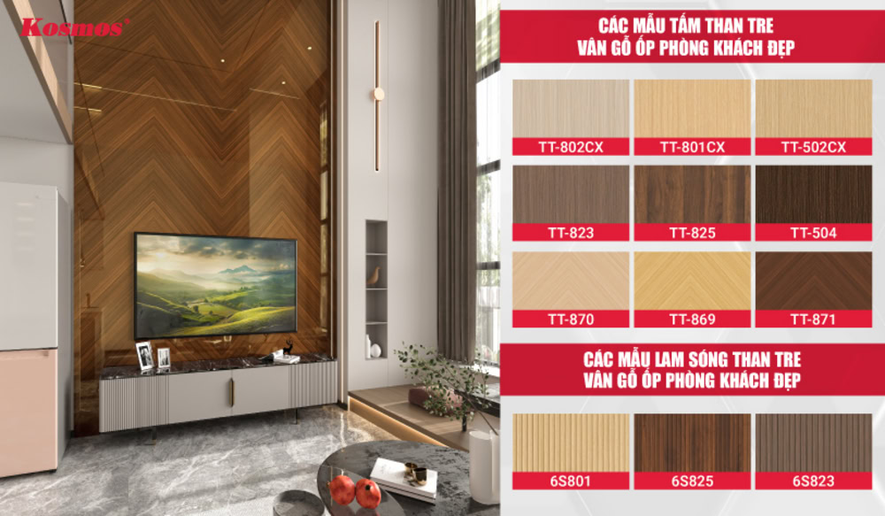 Các mẫu tấm than tre giả vân gỗ ốp phòng khách đẹp Các mẫu tấm than tre giả vân gỗ ốp phòng khách đẹp