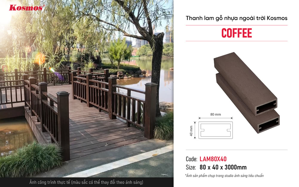 Công trình thanh lam gỗ nhựa Kosmos LAM80X40 Coffee trang trí ngoại thất bền đẹp