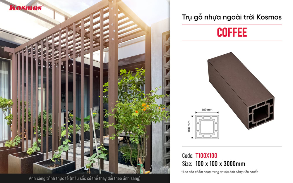 Hình ảnh công trình thực tế của trụ gỗ nhựa 1 lớp T100X100 nâu cà phê