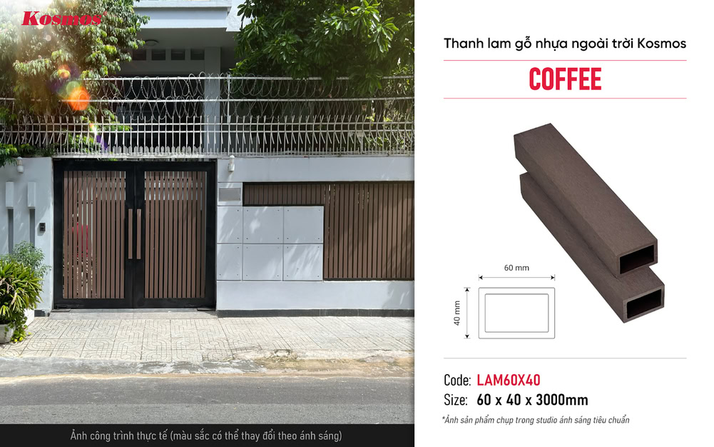 Hình ứng dụng của lam hộp gỗ nhựa ngoài trời 1 lớp Kosmos mã LAM60X40 Coffee