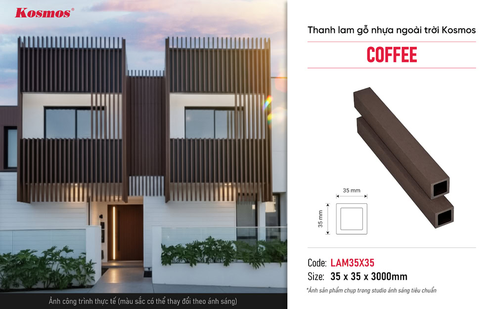 Lam gỗ nhựa LAM35X35 Coffee rỗng ruột, màu sắc đẹp trang trí ngoài trời Lam gỗ nhựa LAM35X35 Coffee rỗng ruột, màu sắc đẹp trang trí ngoài trời