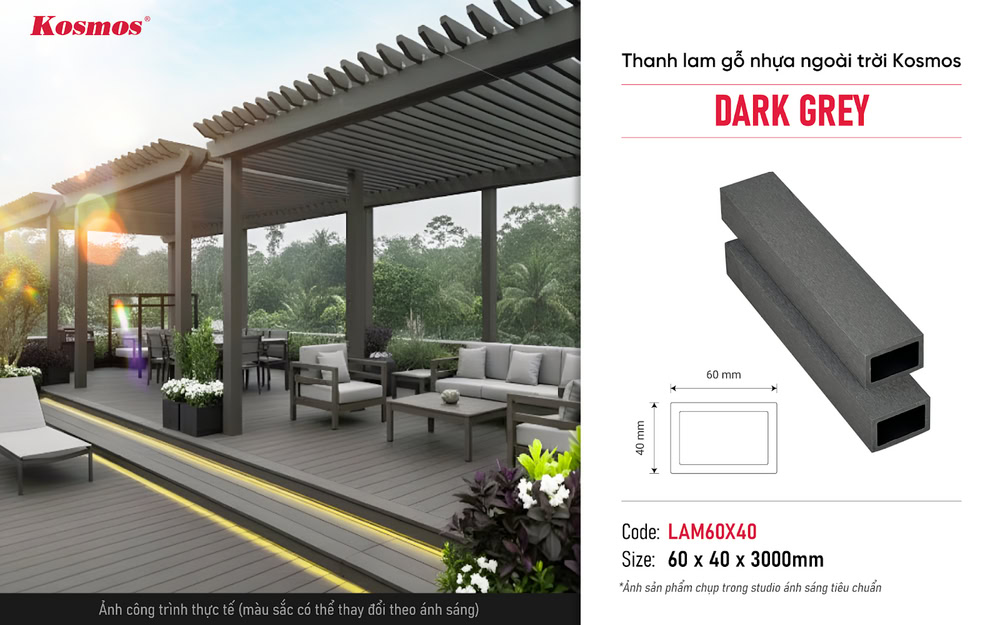Lam hộp gỗ nhựa Kosmos Dark Grey LAM60X40 nâng cao thẩm mỹ không gian ngoại thất