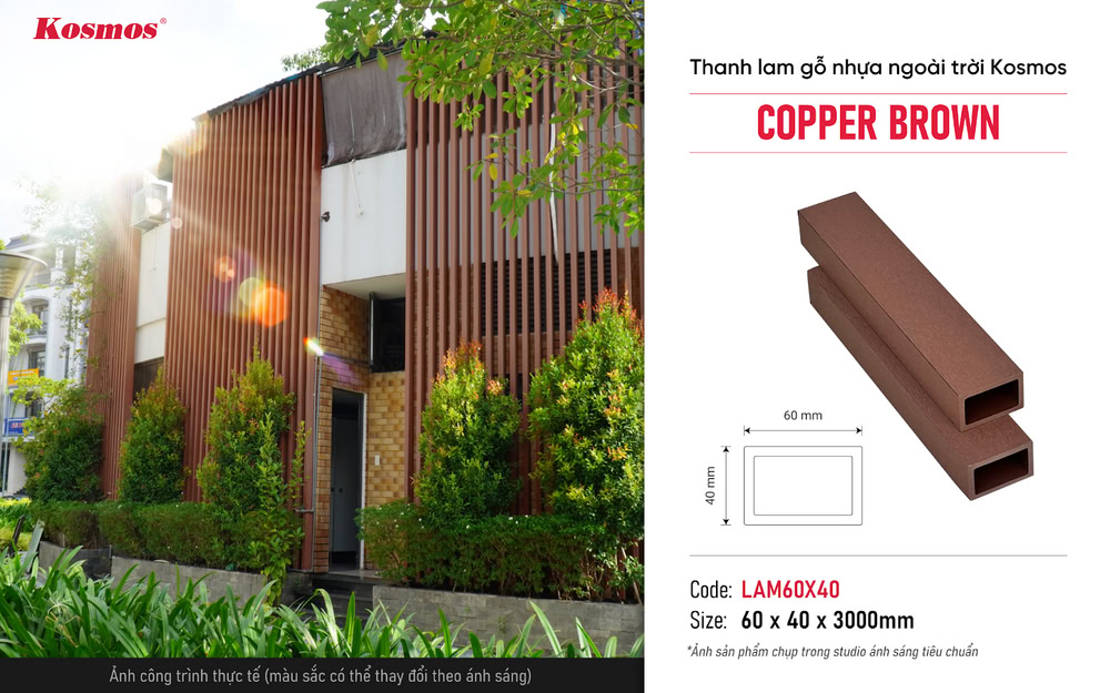 Lamas de composite de madera-plástico color Marrón Cobre Kosmos LAM60X40 para decoración exterior.