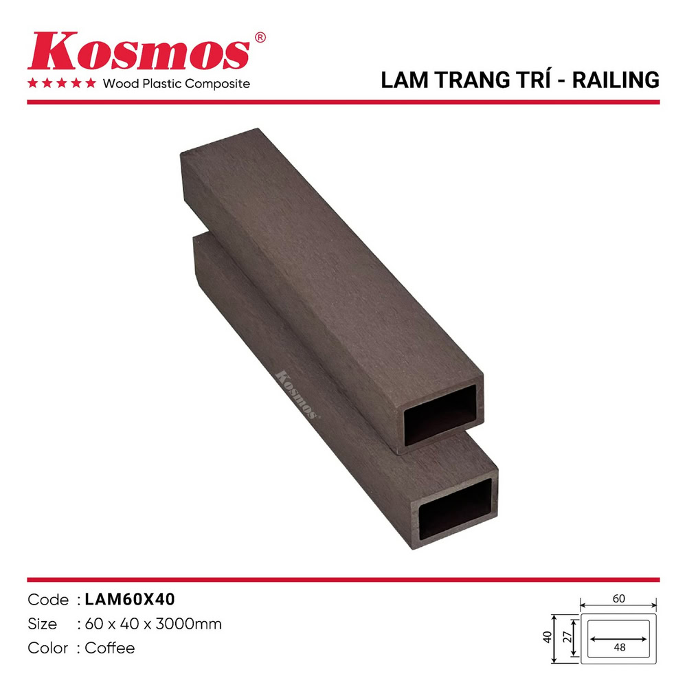 Lam hộp gỗ nhựa ngoài trời 1 lớp Kosmos mã LAM60X40 Coffee