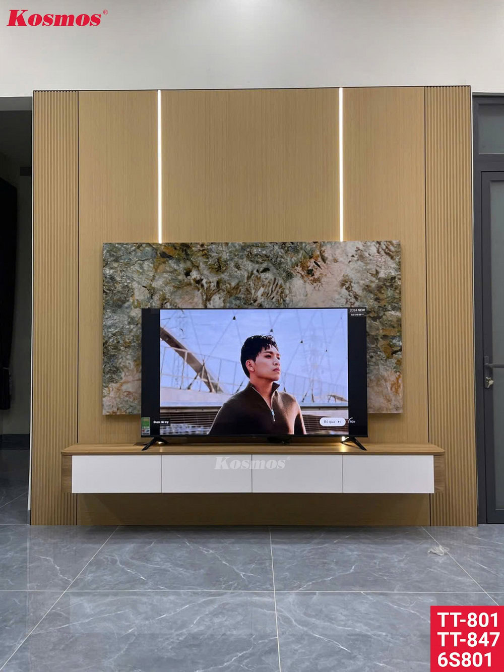 Mẫu tấm than tre giả gỗ ốp vách tivi phòng khách