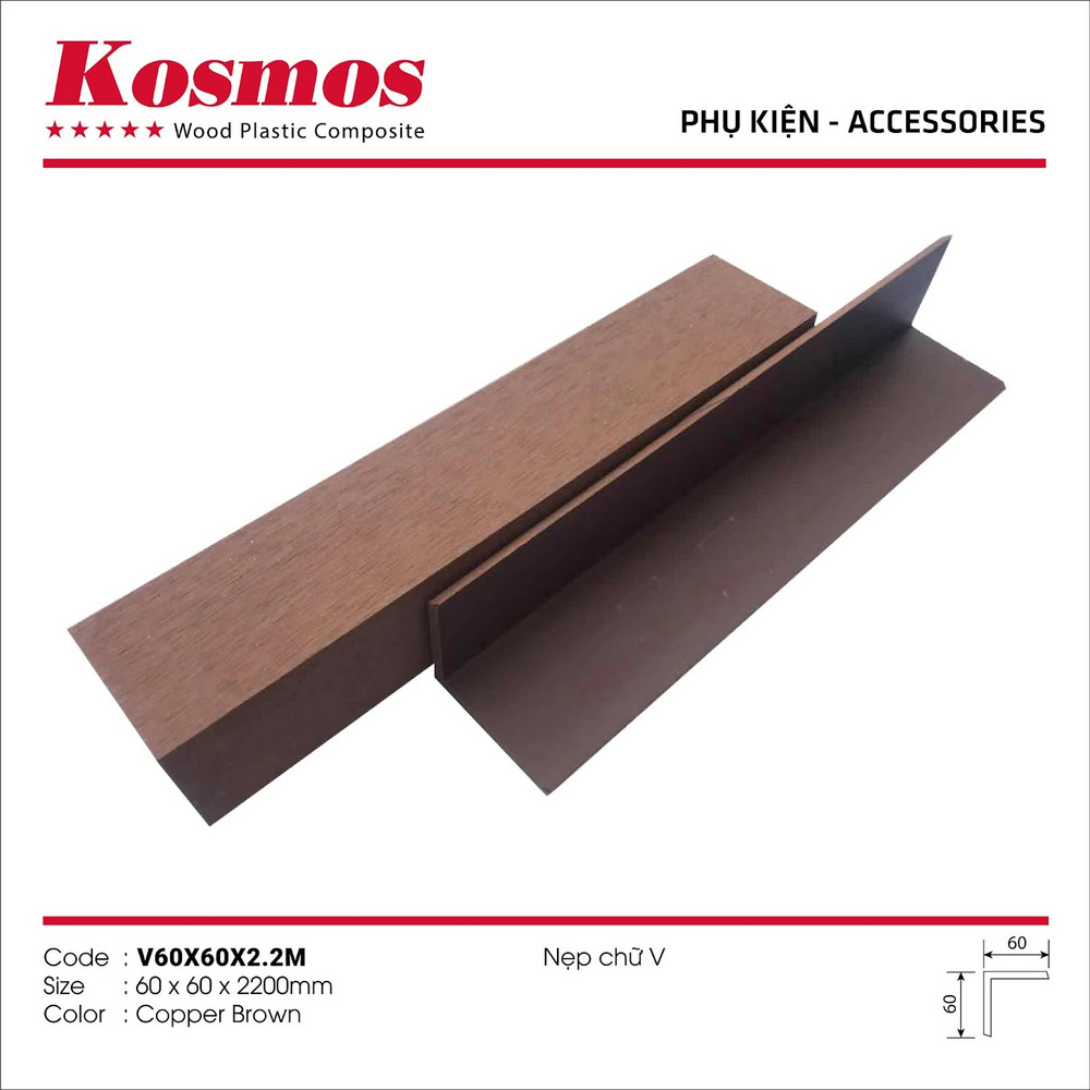 Nẹp V gỗ nhựa 1 lớp ngoài trời Kosmos V60X60X2.2M màu nâu đỏ Nẹp V gỗ nhựa 1 lớp ngoài trời Kosmos V60X60X2.2M màu nâu đỏ