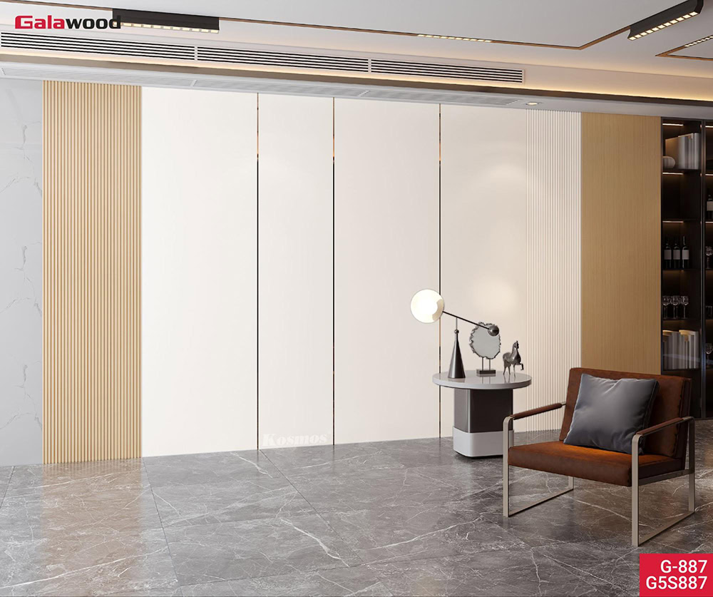 Ốp tường vân đơn sắc ánh kim trắng cho phòng khách