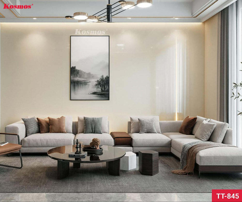 Ốp vách sopha phòng khách bằng tấm ốp than tre đơn sắc vàng kem phủ PET TT-845
