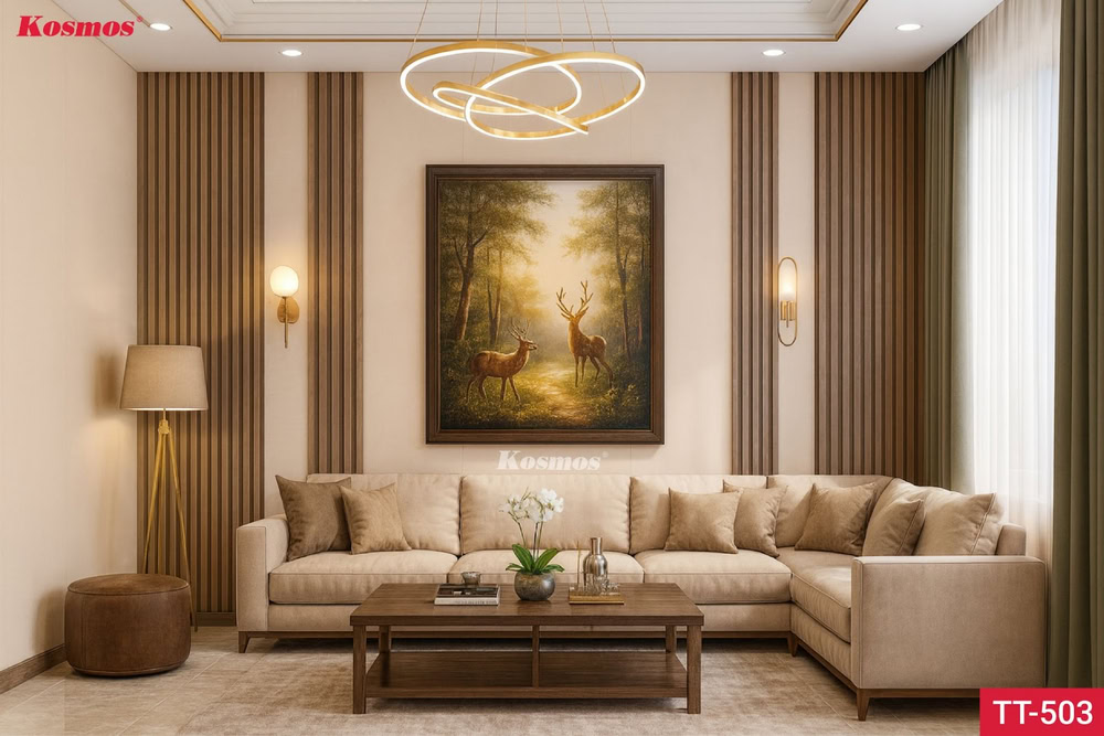 Phòng khách ứng dụng tấm ốp than tre vân vải vàng kem ánh kim TT-503 Phòng khách ứng dụng tấm ốp than tre vân vải vàng kem ánh kim TT-503