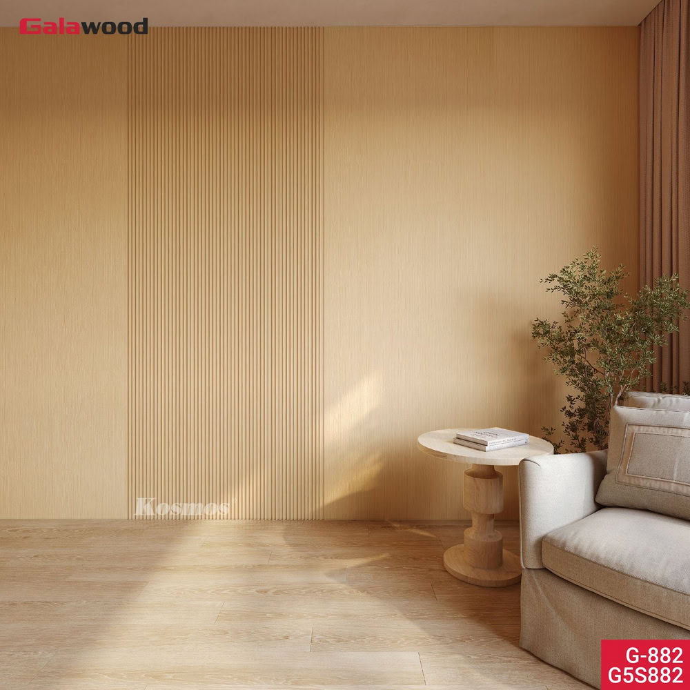 Phòng khách ứng dụng tấm than tre phẳng và sóng vân gỗ