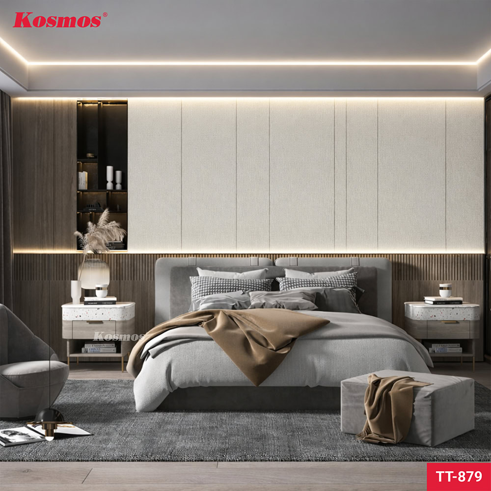 Tấm ốp than tre vân vải canvas vàng kem ánh kim TT-879 ốp vách đầu giường
