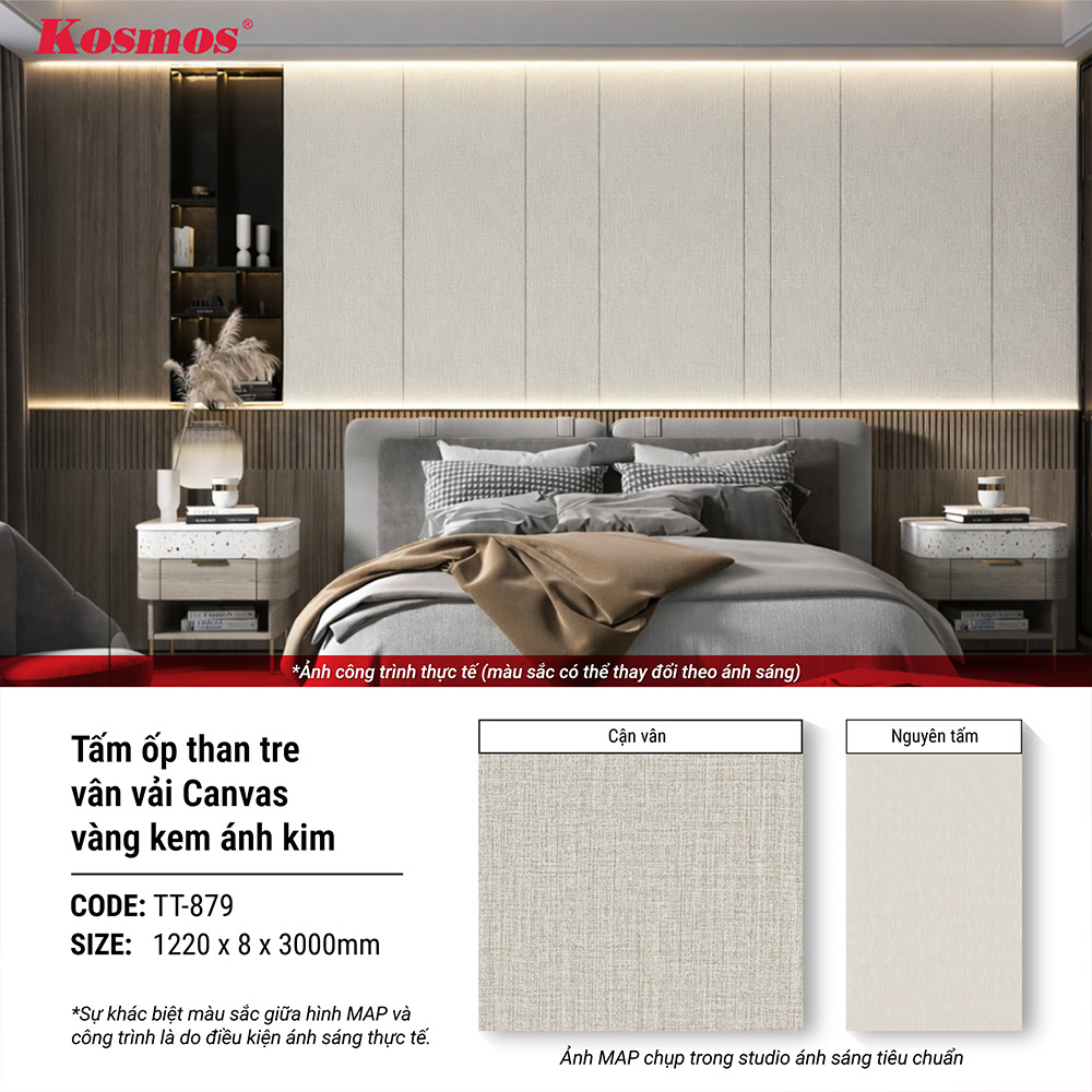 Hình công trình thực tế ứng dụng tấm ốp than tre vân vải canvas vàng kem ánh kim TT-879 Hình công trình thực tế ứng dụng tấm ốp than tre vân vải canvas vàng kem ánh kim TT-879
