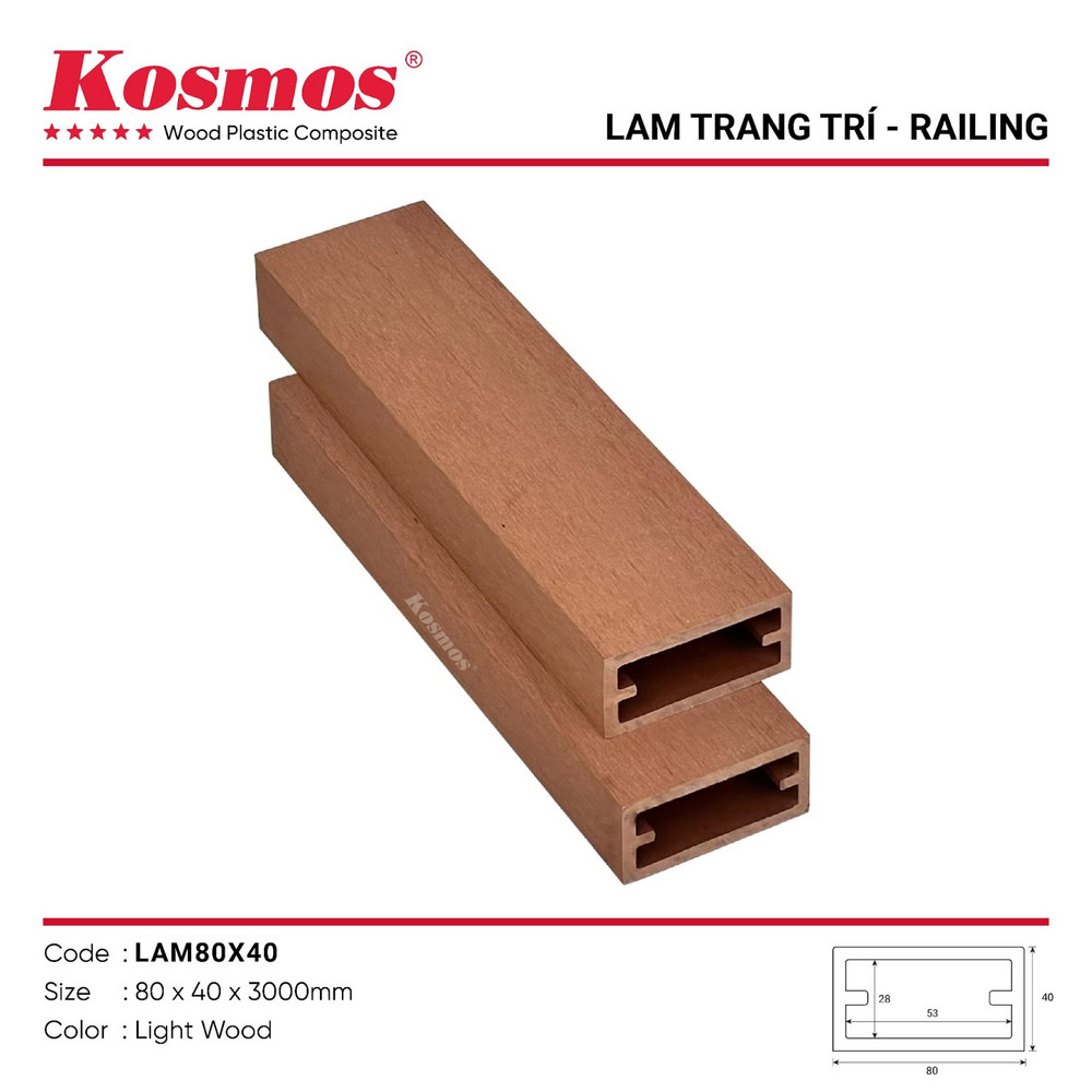 Thanh lam gỗ nhựa Kosmos LAM80X40 Light Wood (gỗ vàng cam)