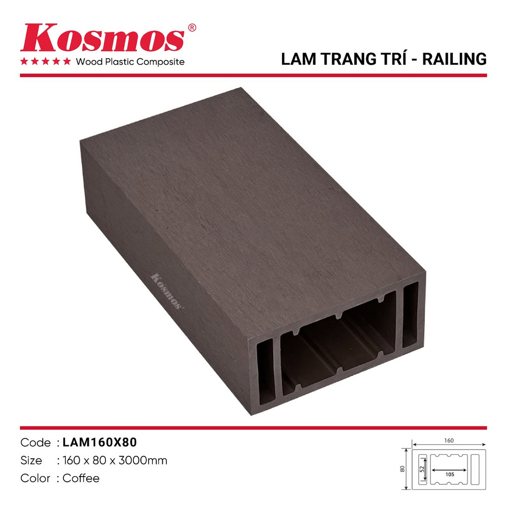 Thanh lam gỗ nhựa Kosmos ngoài trời LAM160X80 Coffee trơn nhám