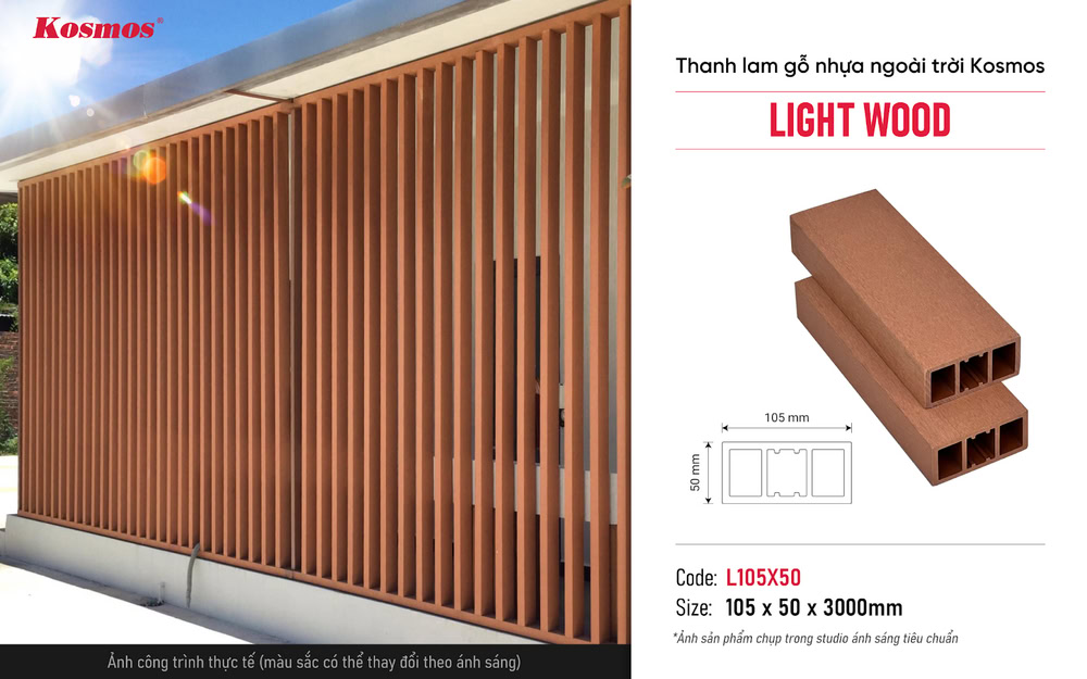Thanh lam gỗ nhựa L105X50 Light Wood trang trí ngoại thất