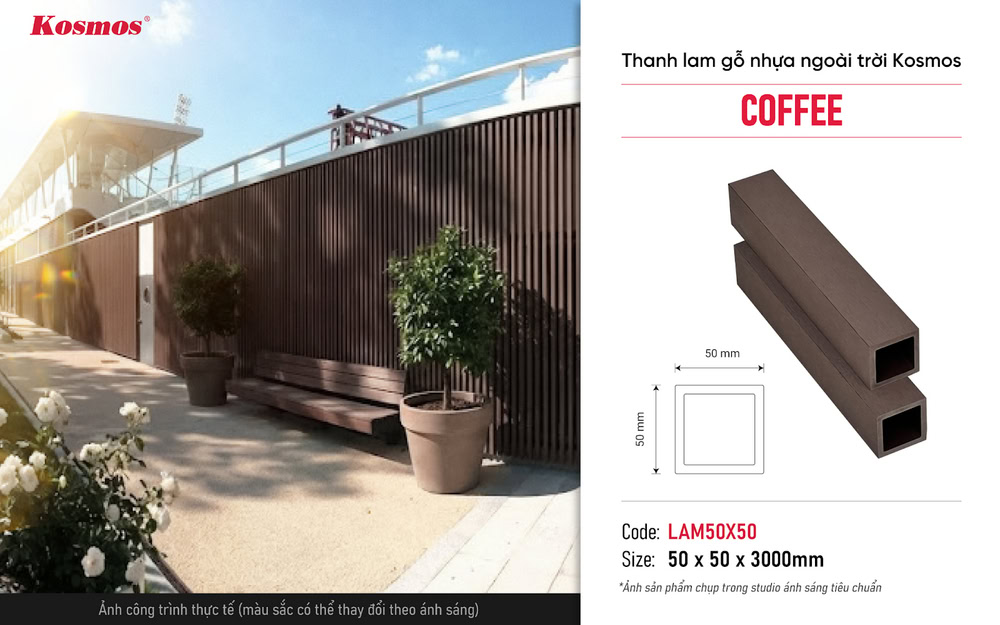 Thanh lam gỗ nhựa LAM50X50 Coffee là vật liệu đồng nhất được sản xuất bằng công nghệ ép đùn hiện đại Thanh lam gỗ nhựa LAM50X50 Coffee là vật liệu đồng nhất được sản xuất bằng công nghệ ép đùn hiện đại