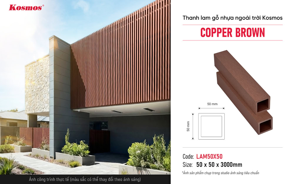 Thanh lam gỗ nhựa mã LAM50X50 Copper Brown nâng cao thẩm mỹ không gian ngoài trời Thanh lam gỗ nhựa mã LAM50X50 Copper Brown nâng cao thẩm mỹ không gian ngoài trời