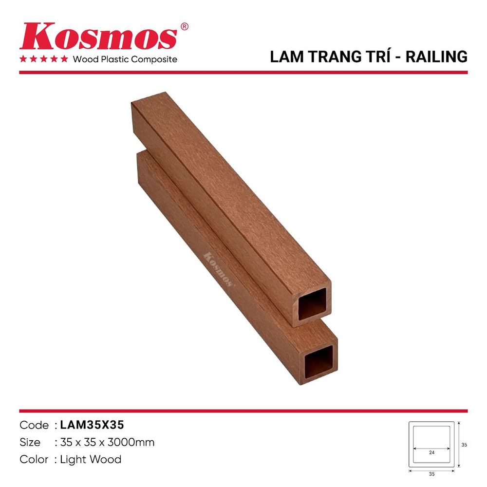 Thanh lam gỗ nhựa ngoài trời 1 lớp mã LAM35X35 Light Wood (gỗ vàng cam) Thanh lam gỗ nhựa ngoài trời 1 lớp mã LAM35X35 Light Wood (gỗ vàng cam)