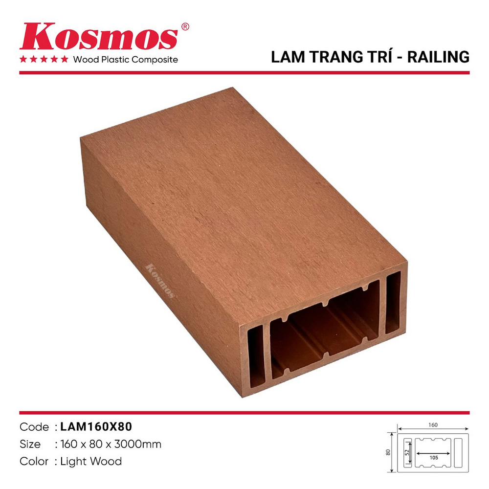 Thanh lam gỗ nhựa ngoài trời Kosmos mã LAM160X80 Light Wood trơn nhám