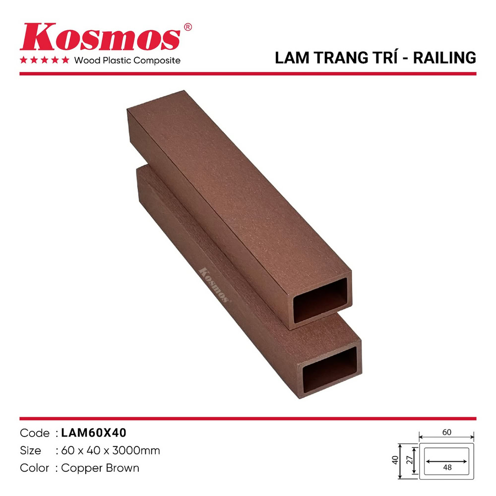 Lama de composite madera-plástico monocapa Kosmos, modelo LAM60X40, color Marrón Cobre
