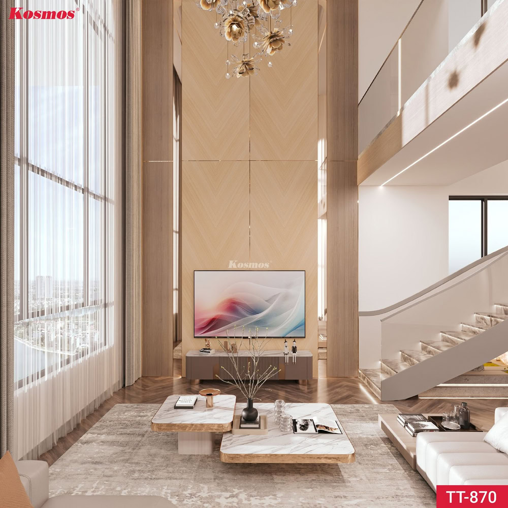 Thiết kế vách thông tầng phòng khách ốp tấm than tre vân gỗ xương cá