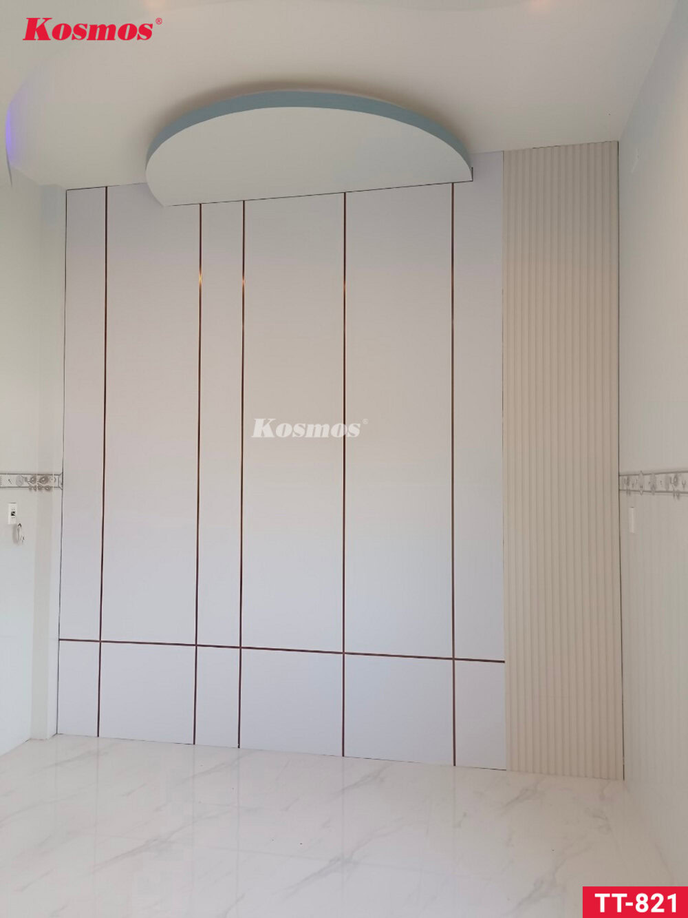 Thiết kế vách tường phòng khách ốp tấm than tre vân giấy