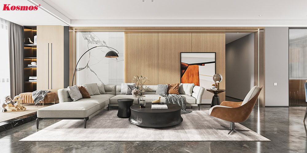 Thiết kế vách tường phòng khách ốp tấm than tre vân gỗ vàng sồi